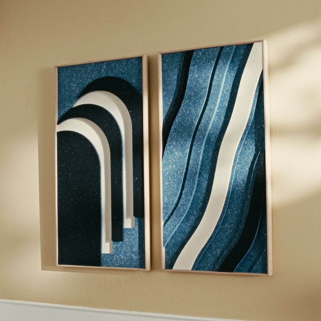 Decorative acoustic sound panels with blue and white wave design for enhanced sound absorption.