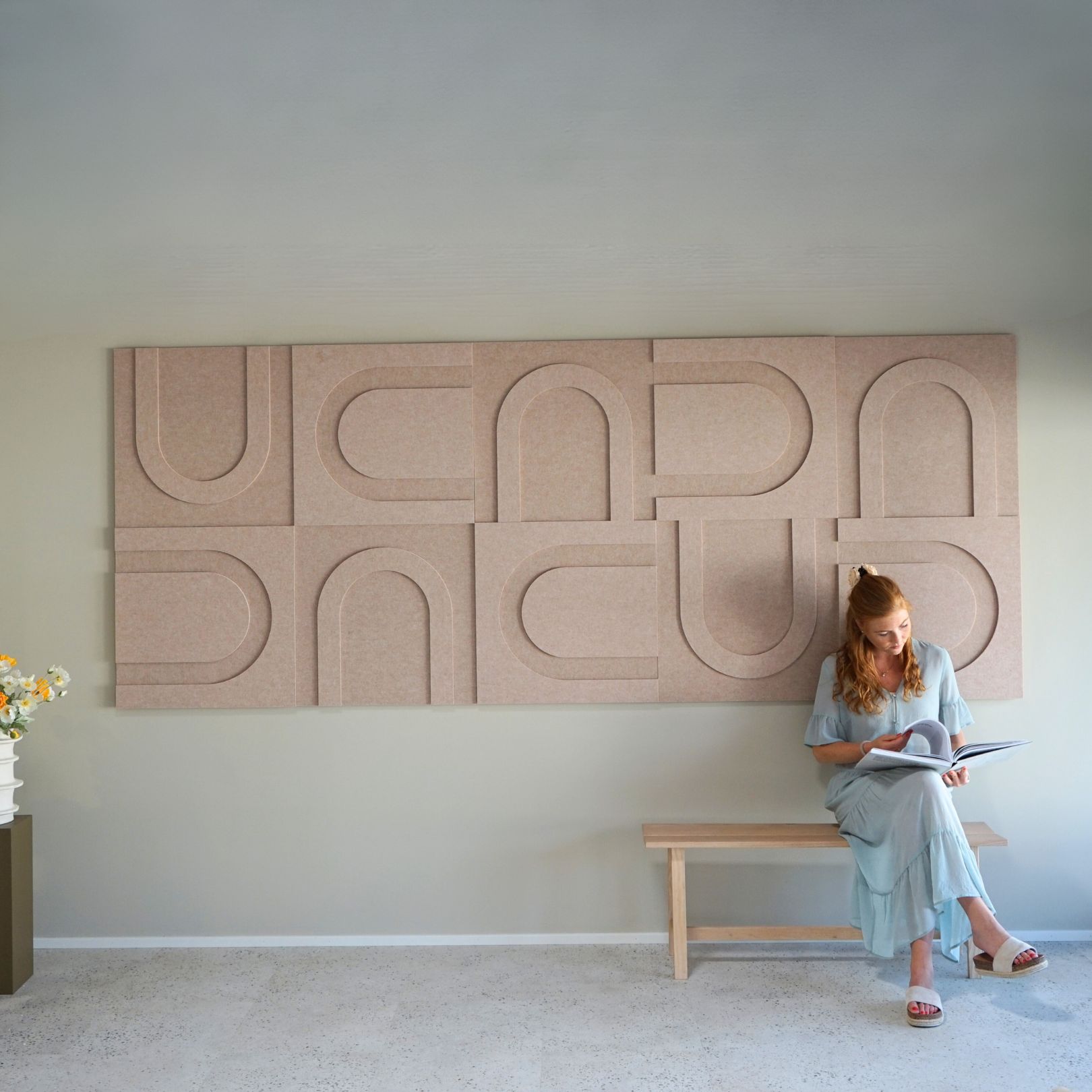 Large beige geometric wall art panels from Arturel, designed for acoustic enhancement and sound absorption in modern interiors.